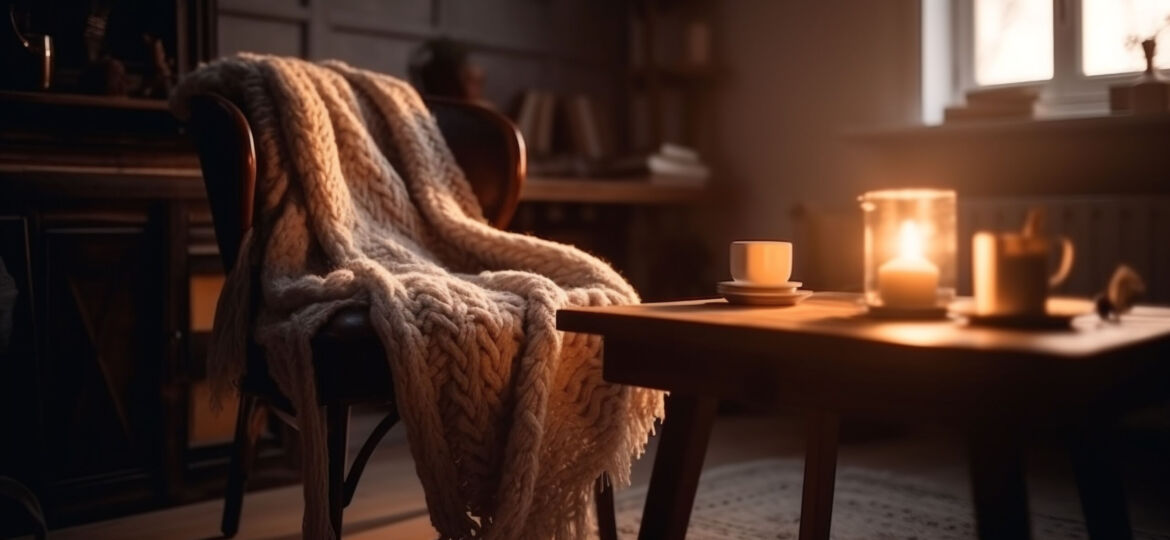lit-candle-sits-chair-dark-room-with-blanket-it